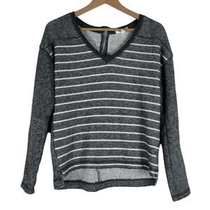 Aeropostale Sweater Womens M Gray White Stripe V-Neck Long Sleeve Raw Hem Casual